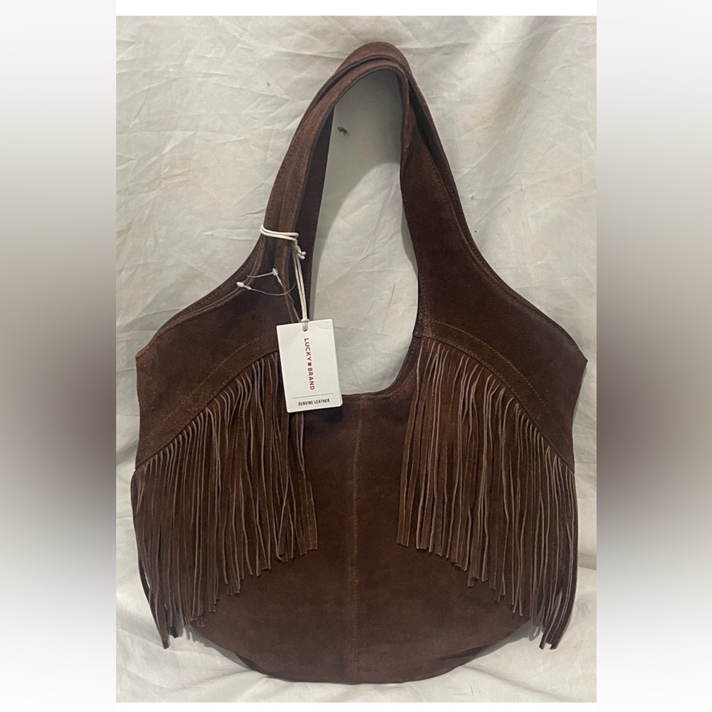 Lucky Brand Suede Genuine Leather Nyra Bag Fringe Dark Cappuccino Hobo NWT